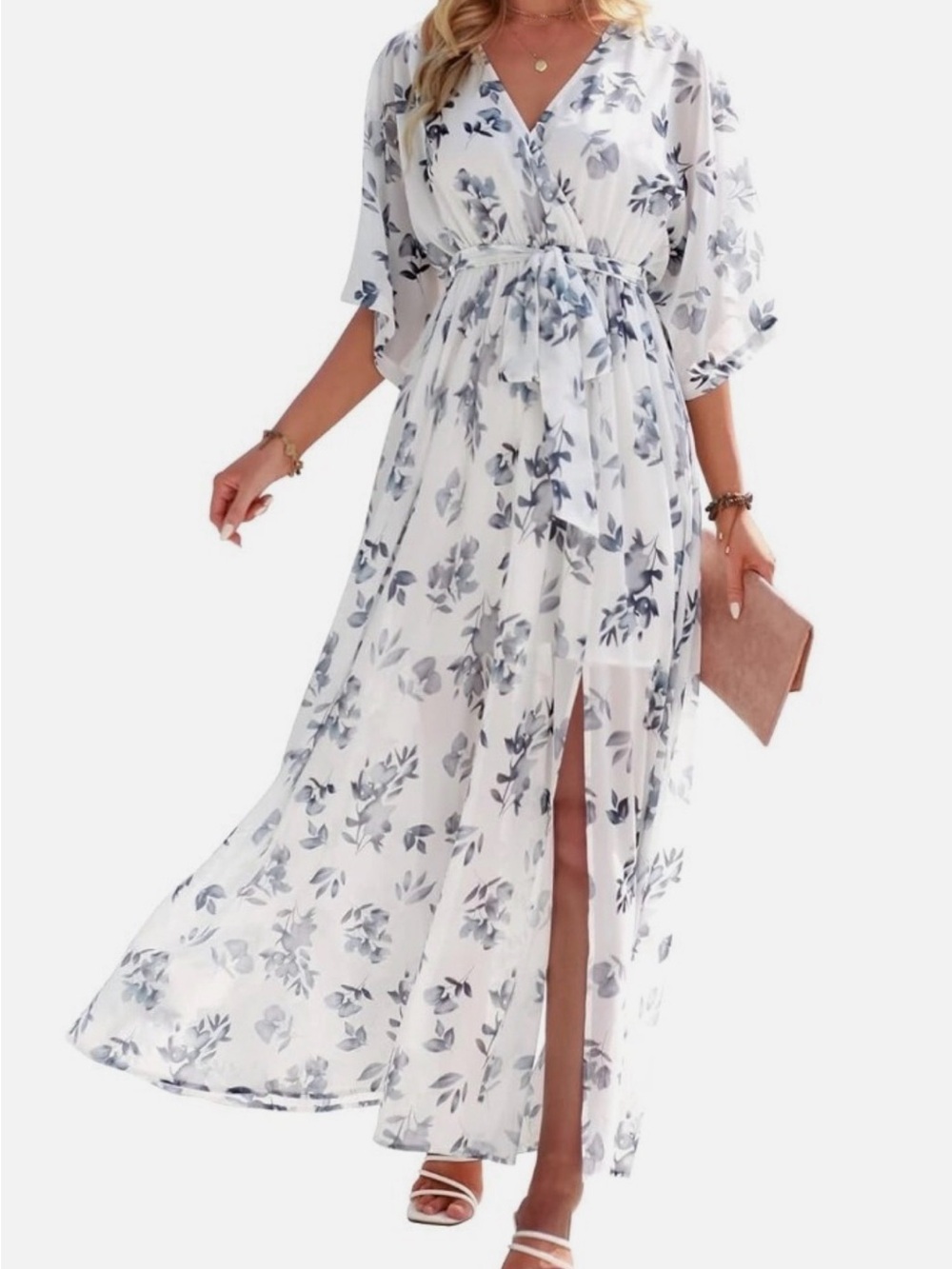 Like New Amazon White Blue Floral Kimono Sleeve Wrap Maxi Dress Large